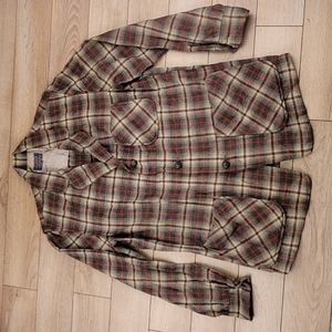 PENDLETON Grey Red Plaid Virgin Wool Tweed Like Small Mens Light Jacket RARE VTG